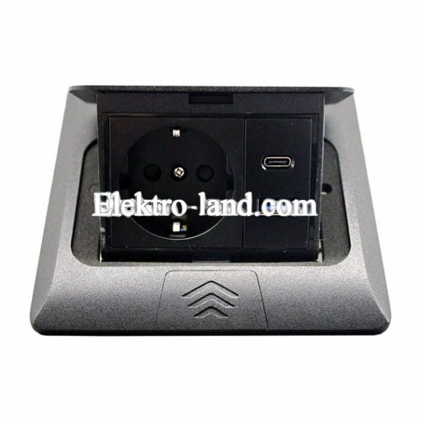 Розетка врезная для пола черная 16 А + 2 USB (type C+A) 2,1 А IP44 
